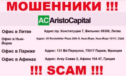 В глобальной internet сети и на сайте обманщиков Aristo Capital нет правдивой информации об их адресе