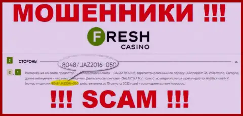 Лицензия, которую мошенники Fresh Casino представили на своем информационном портале