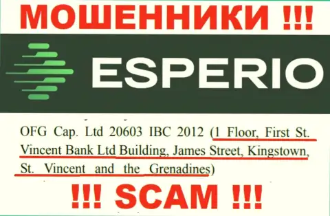 Преступно действующая компания Esperio находится в оффшоре по адресу: 1 Floor, First St. Vincent Bank Ltd Building, James Street, Kingstown, St. Vincent and the Grenadines, будьте бдительны