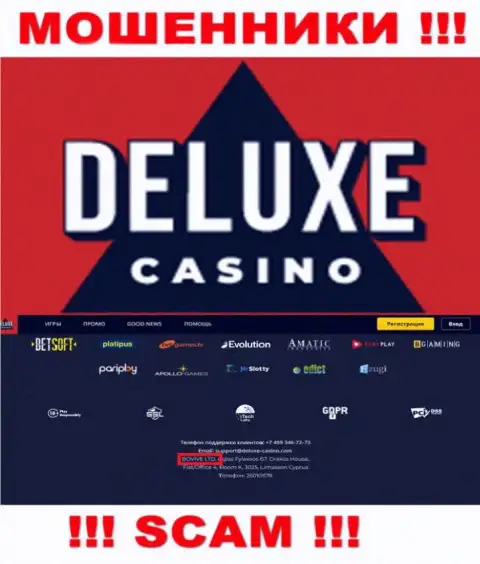 Сведения об юридическом лице Deluxe-Casino Com у них на официальном сайте имеются - это БОВИВЕ ЛТД