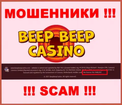 Не сотрудничайте с Beep Beep Casino, зная их лицензию, предоставленную на ресурсе, Вы не сумеете уберечь финансовые средства